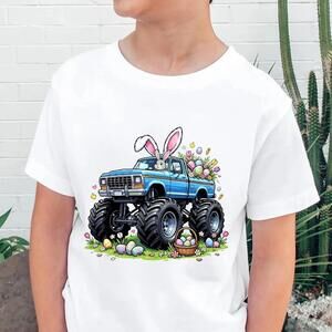 Boys Monster Truck Easter Shirt, Bunny Rabbit Egg Basket Toddler Tee